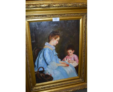 20th Century oil on panel, portrait of a mother and child playing cards, 15.5ins x 11ins, gilt framed