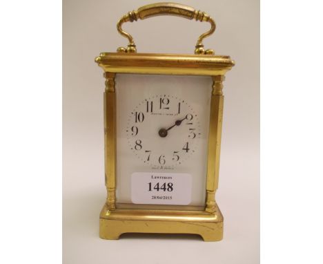 Early 20th Century French gilt brass carriage clock, the enamel dial with Arabic numerals inscribed Mappin and Webb