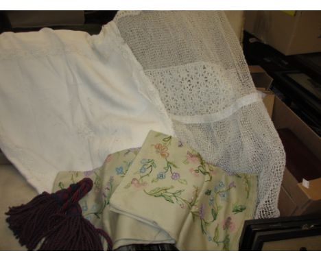 Collection of various textiles including: tapestry, linen, bedspread, tie backs etc