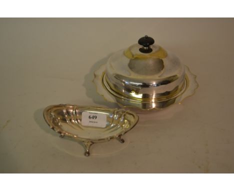 Small Sheffield silver trinket dish and a plated muffin dish