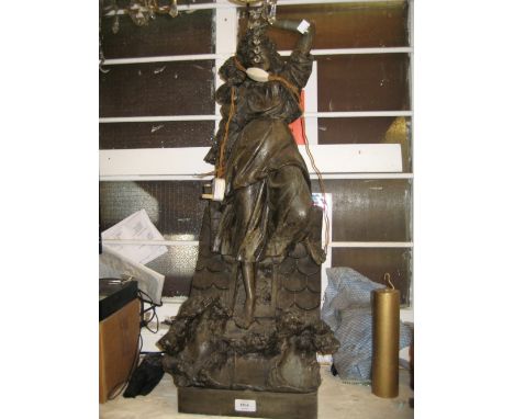 Large 19th Century spelter figural lamp base of a mother with child on a roof, with Tiffany style shade, 42ins high