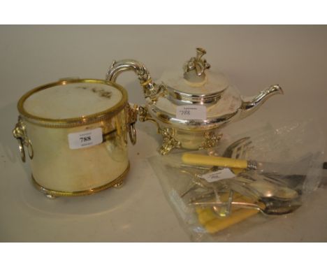 Plate on copper tea canister with lion ring handles, plated teapot and other items of silver plate and stainless steel cutler