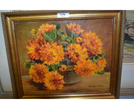 Two framed oils, marigolds in a vase and study of sunflowers in a garden
