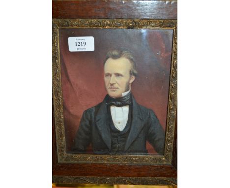 Small 19th Century watercolour, half length portrait of a gentleman (possibly on print base), 8ins x 6.5ins, framed