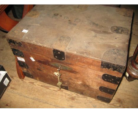 Small 19th Century pine and metal bound trunk