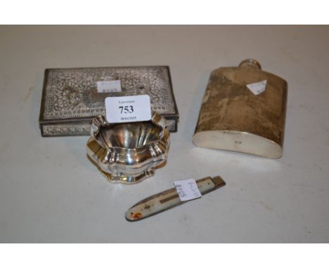 Birmingham silver hip flask with engine turned decoration, an Eastern white metal cigarette box, a silver salt and a silver b