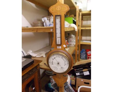 Art Nouveau oak copper inlaid aneroid barometer / thermometer
