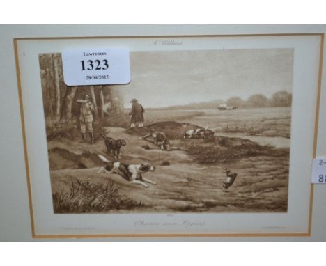 Pair of small French framed hunting prints, together with two other small framed prints