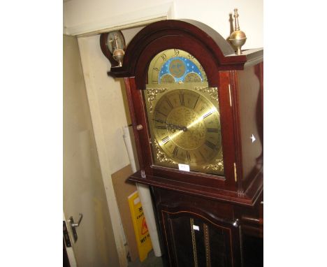 Reproduction mahogany longcase clock with three train weight driven movement and moon phase dial