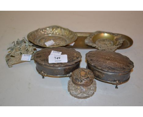 Pair of oval Birmingham silver trinket boxes, together with a Birmingham silver mounted cut glass dressing table jar, four co