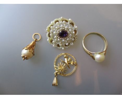 Continental yellow gold cultured pearl set ring together with a similar pendant and another pendant and a 19th Century seed p