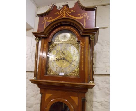 20th Century mahogany and marquetry inlaid longcase clock, the broken arch hood with gilt brass mounted flanking pilasters ab