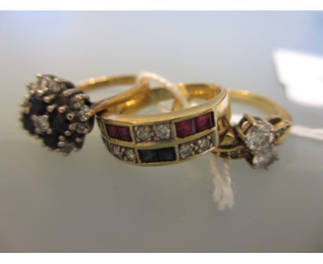 18ct Yellow gold two stone diamond set ring, another diamond sapphire and ruby set ring and a flower head diamond chip and sa