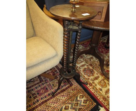 Victorian walnut pole screen base on a triple barley twist column and tripod support