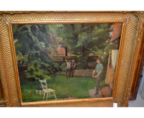 20th Century oil on board, figures in a garden scene, 12ins x 14ins, gilt framed
