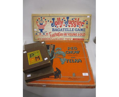 Parker Brothers Incorporated boxed game, Peg Chow and Telka, a 1960's Jolly Juggler boxed bagatelle game with original packag