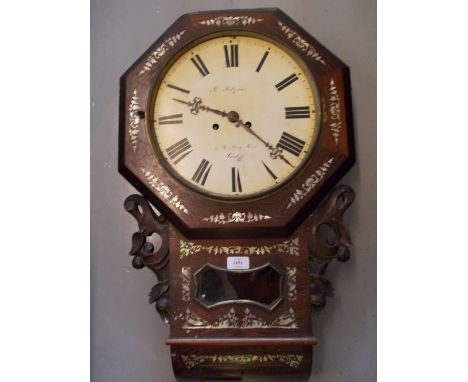 19th Century rosewood and mother of peal inlaid dial clock having circular enamel dial inscribed R. Heitzman, Cardiff, the tw