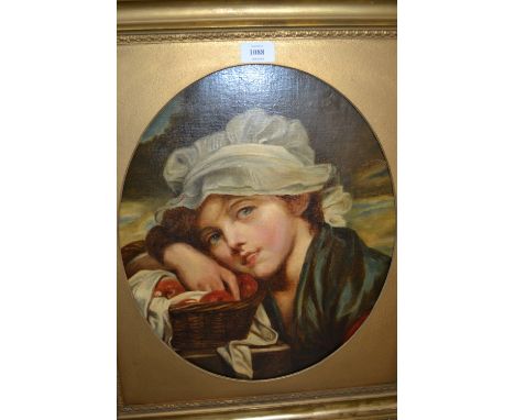 19th Century oval mounted oil on canvas, portrait of a young lady with a basket of apples