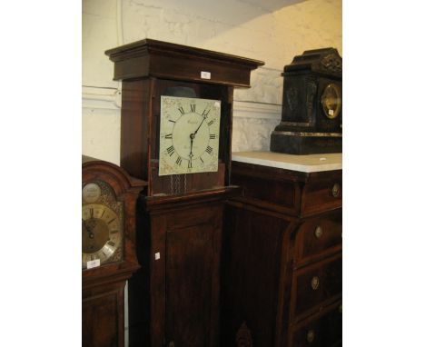 George III elm and pine longcase clock with square hood above a rectangular panelled door and plinth base, the painted enamel