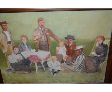 Ashley Luff, oil on canvas, entitled ' Summer Before Last ' with figures seated in a garden, signed and dated '77, 14ins x 19