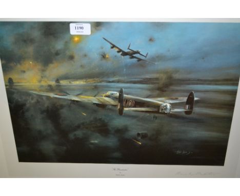Robert Taylor, coloured print, ' The Dambusters ', signed by Air Marshall Sir Harold (Mick) Martin together with two other si
