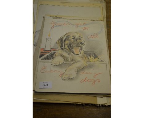 Folio containing a quantity of various sketches of puppies and dogs together with a book cover design ' Goodnight to All, Eve