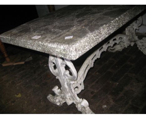 Rectangular white painted metal garden table with a stone inset top