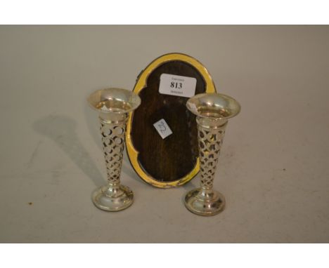 Silver and yellow enamel decorated frame (a/f) and a pair of pierced silver vases