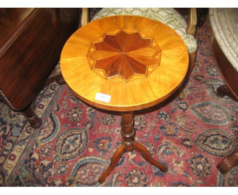 Victorian pedestal wine table with specimen wood parquetry top above a turned column support and tripod base