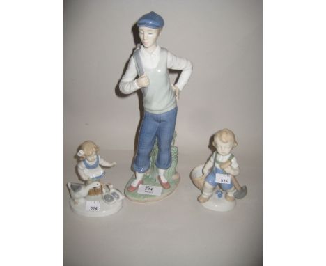 Nao figure of a golfer and two similar smaller figures