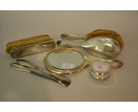 Sheffield silver eight piece dressing table set including a circular trinket box with hinged cover