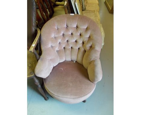 Victorian pink button upholstered tub shaped drawing room chair on splay front supports