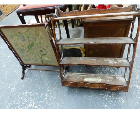 A MAHOGANY WALL SHELF AND A FIRE SCREEN WITH EMBROIDERED PANEL. 