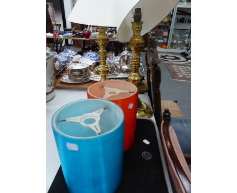 TWO BRASS TABLE LAMPS, TWO RETRO LIGHT SHADES. 