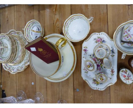 A CRESCENT &amp; SONS PART PORCELAIN TEA SET, A MINIATURE TEA SET, A HALCYON DAYS AND LIMOGES TRINKET BOX, A LARGE COMMEMORAT