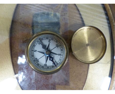 THREE SMALL DESK CLOCKS, TWO ITLIANATE FRAMES, A POCKET COMPASS, FIELD MICROSCOPE ETC. 