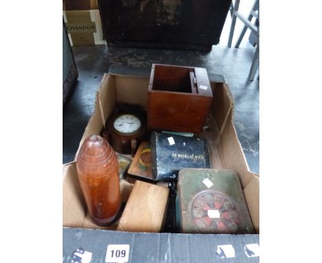 A BOX OF COLLECTIBLES TO INCLUDE A TIN DEED BOX, A HOOTER, OPERA GLASSES, A MANTLE CLOCK, DUMMY ARTILLERY SHELL, PLAYING CARD