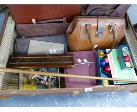A VINTAGE WOOD SLAT TRUNK, A BOXED NURSERY CHINA TEA SET, LEATHER CASES ETC.