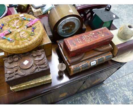 VICTORIAN INLAID WORK BOX, A MANTLE CLOCK, A BIBLE, HALL LANTERN ETC. 