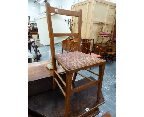 AN OAK BEDROOM CHAIR AND A WALL SHELF. 