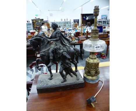 A TABLE LAMP AND A SPELTER FIGURE. 