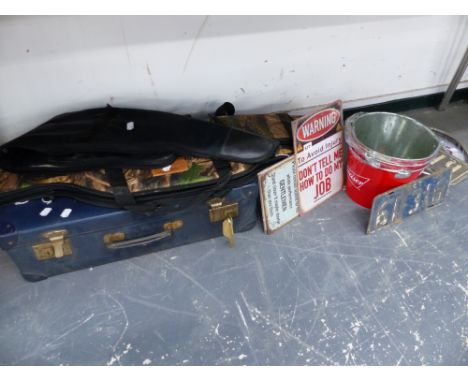 TWO GUN SLIPS, A SUITCASE, VINTAGE STYLE METAL SIGNS, ETC. 