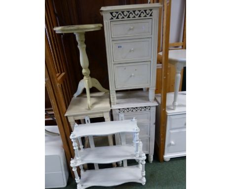 THREE BEDSIDE CHEST, THREE OCCASIONAL TABLES, A WALL SHELF, ETC. 