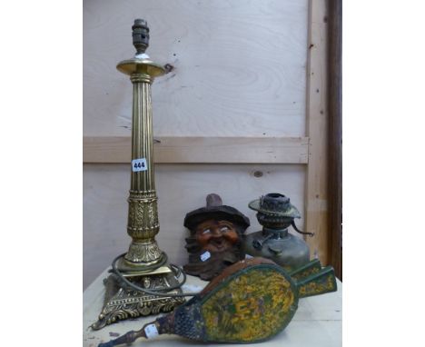 A BRASS TABLE LAMP, ANTIQUE BELLOWS, LEPRECHAUN ETC. 