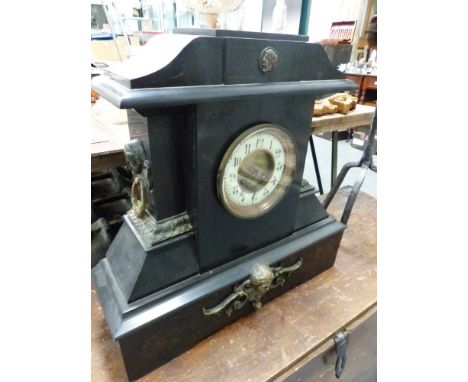 A VICTORIAN SLATE LARGE MANTLE CLOCK AND A WROUGHT IRON ADJUSTABLE CANDLE STAND. 
