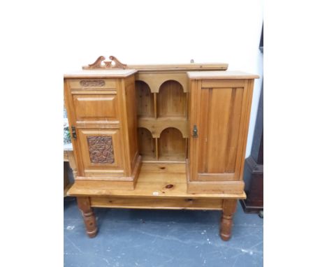 A PINE WALL SHELF, TWO BEDSIDE CABINETS AND A PINE COFFEE TABLE. 