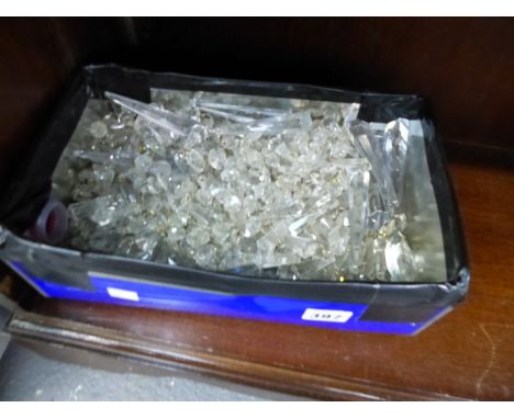 A BOX OF VARIOUS CUT GLASS CHANDELIER DROPS. 
