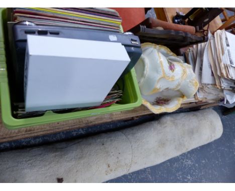 QUANTITY OF RECORDS, A WASH JUG AND BASIN, AND A QUANTITY OF VINTAGE NEWSPAPERS. 