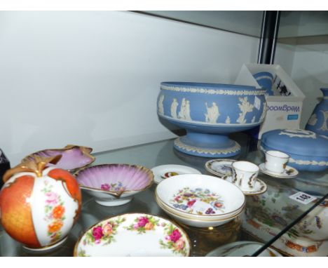 WEDGEWOOD JASPER WARES, VARIOUS PIN TRAYS, A ROYAL WORCESTER DECORTED APPLE.