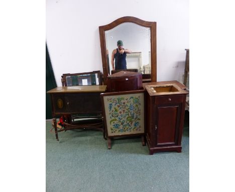 AN EDWARDIAN INLAID DRESSING TABLE, A FOLDING FIRE SCREEN, LARGE MIRROR, BEDSIDE CABINET, BOW FRONT CABINET, AND A SIDE TABLE